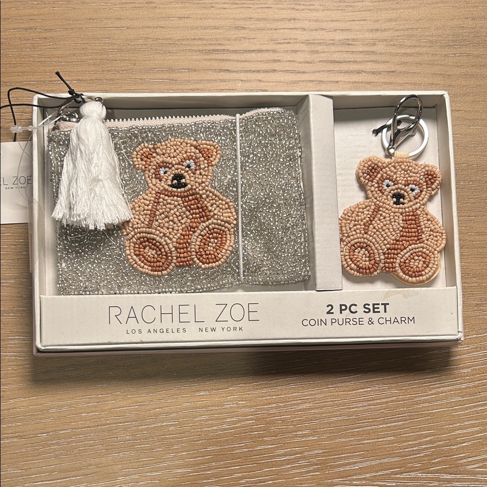 Rachel Zoe Teddy Bear Beaded Coin Purse and Charm Set- Silver and Brown